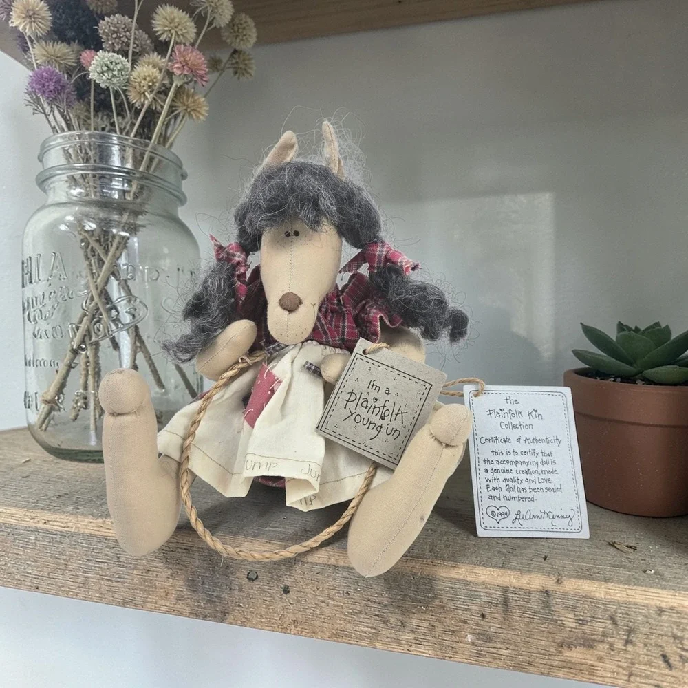 Plainfolk Kin Collection 1994 Handmade Wolf Young Un Doll Cottagecore Decor NOS